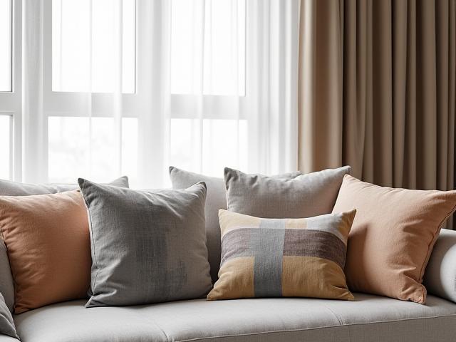 Stilvoll bedruckte Kissen und Vorhänge in einem modernen Wohnambiente