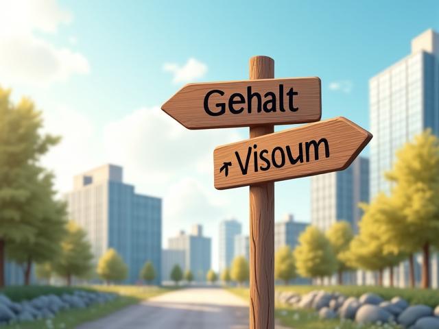 Grafik eines Wegweisers mit Schildern wie 'Gehalt', 'Visum' und 'Integration in Europa'.