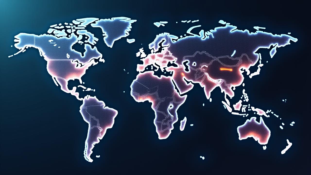 Stilisierte Weltkarte mit leuchtenden Handelsrouten im Fokus Europa, symbolisiert den globalen Textilhandel