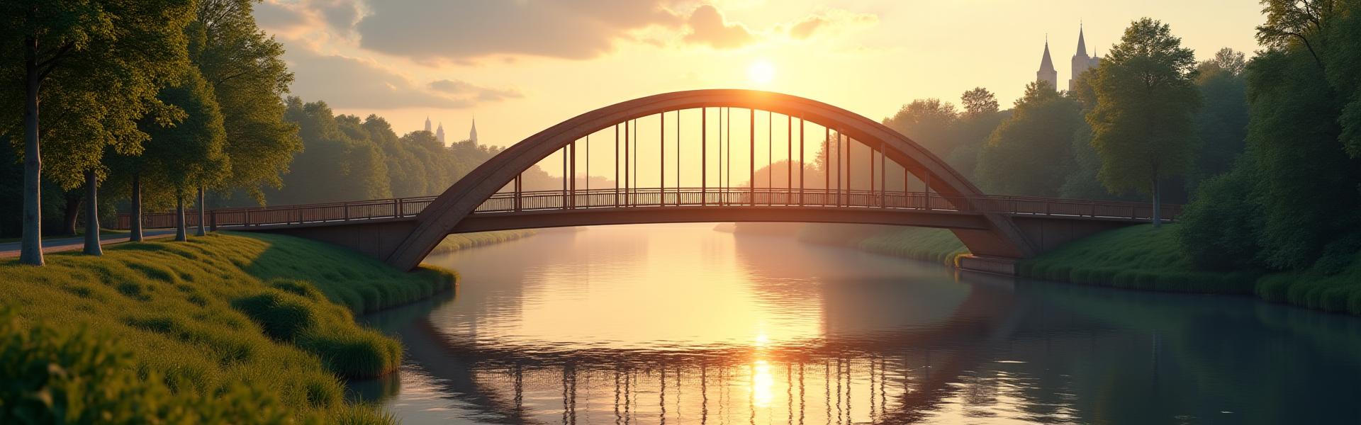 Moderne Holzbrücke, die über einen ruhigen Fluss führt, mit grüner Landschaft im Hintergrund, symbolisiert einen Weg oder Übergang.