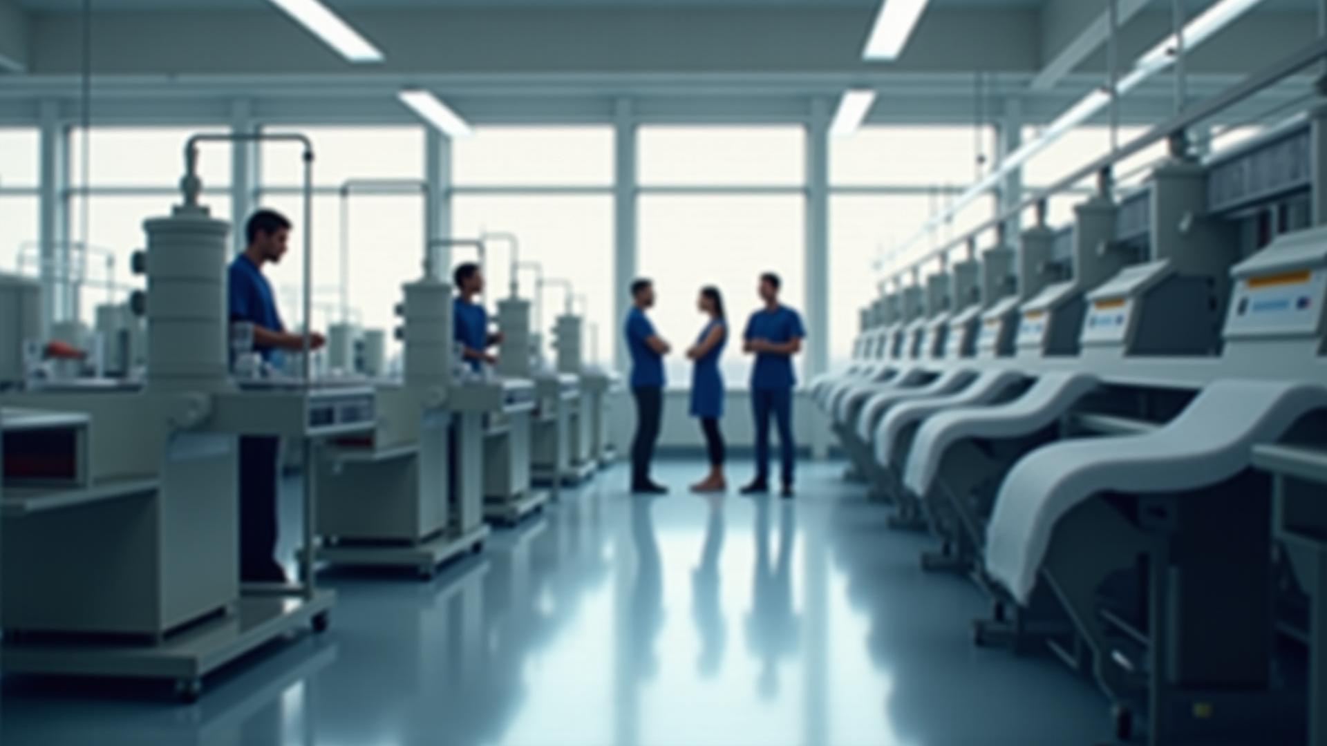 Moderne, helle Textilfabrik mit Präzisionsmaschinen und Mitarbeitern, die innovative Textilien prüfen