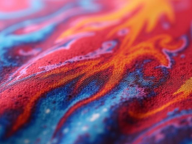 Abstrakter, farbenfroher digital bedruckter Stoff mit komplexen Mustern und leuchtenden Farben