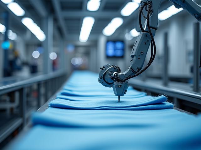 Roboterarm arbeitet präzise an einer modernen Nähmaschine in einer Hightech-Textilfabrik