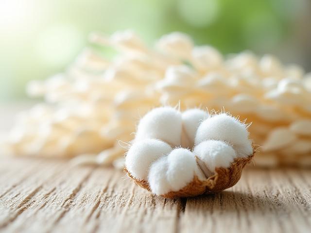 Nahaufnahme von Bio-Baumwolle auf einem Holztisch, sanft beleuchtet