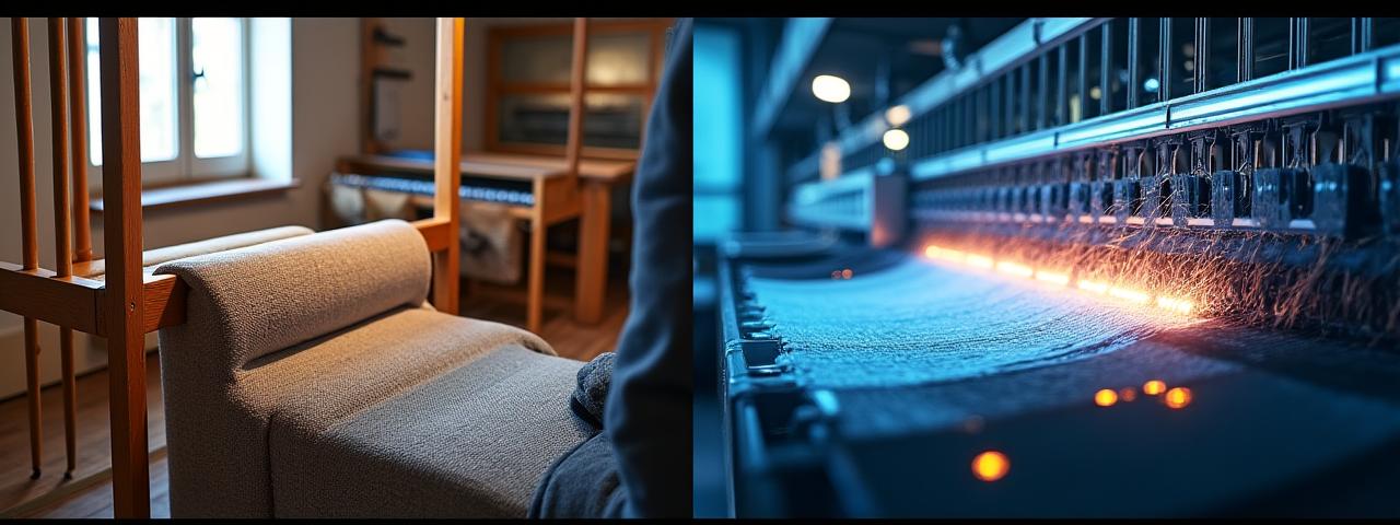 Stilisierte Collage aus Textilprozessen mit altem Webstuhl, moderner Maschine und Computer-Design