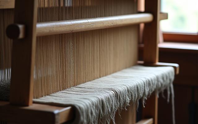 Ein alter, komplexer Holzwebstuhl in einer Werkstatt