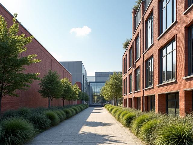 Moderne Ansicht der alten Spinnereihallen in Augsburg, die Technologie und Geschichte verbinden