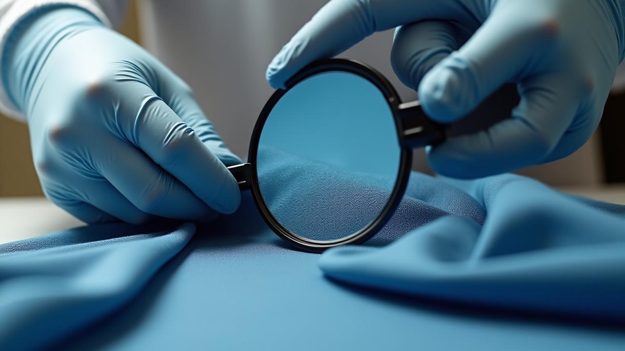 Eine Fachkraft inspiziert sorgfältig einen hochwertigen Stoff mit einer Lupe, fokussiert auf Details und Qualität.