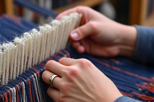 Nahaufnahme von Händen an einem traditionellen Handwebstuhl.