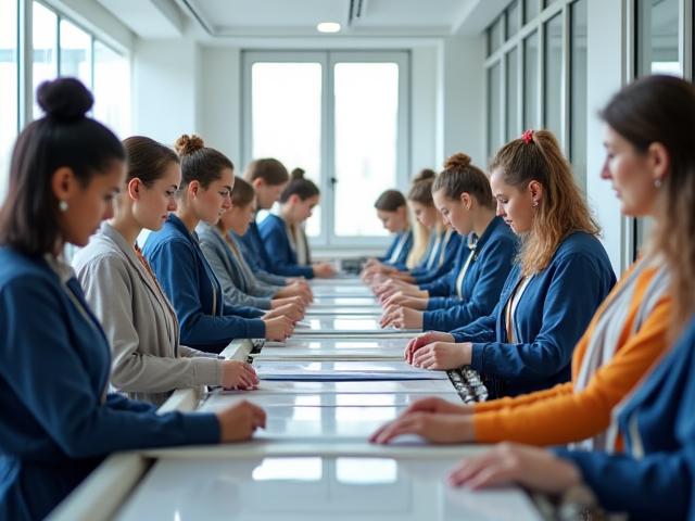 Eine vielfältige Gruppe von Lernenden arbeitet an verschiedenen Webmaschinen in einem hellen, modernen Schulungszentrum.