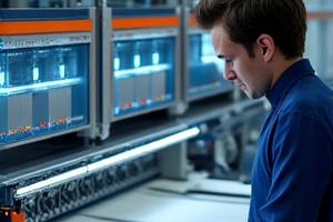 Ein Techniker überprüft eine komplexe industrielle Jacquard-Webmaschine.