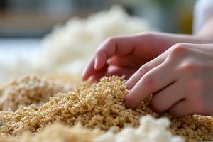 Hände sortieren verschiedene nachhaltige Textilfasern in einem Labor.